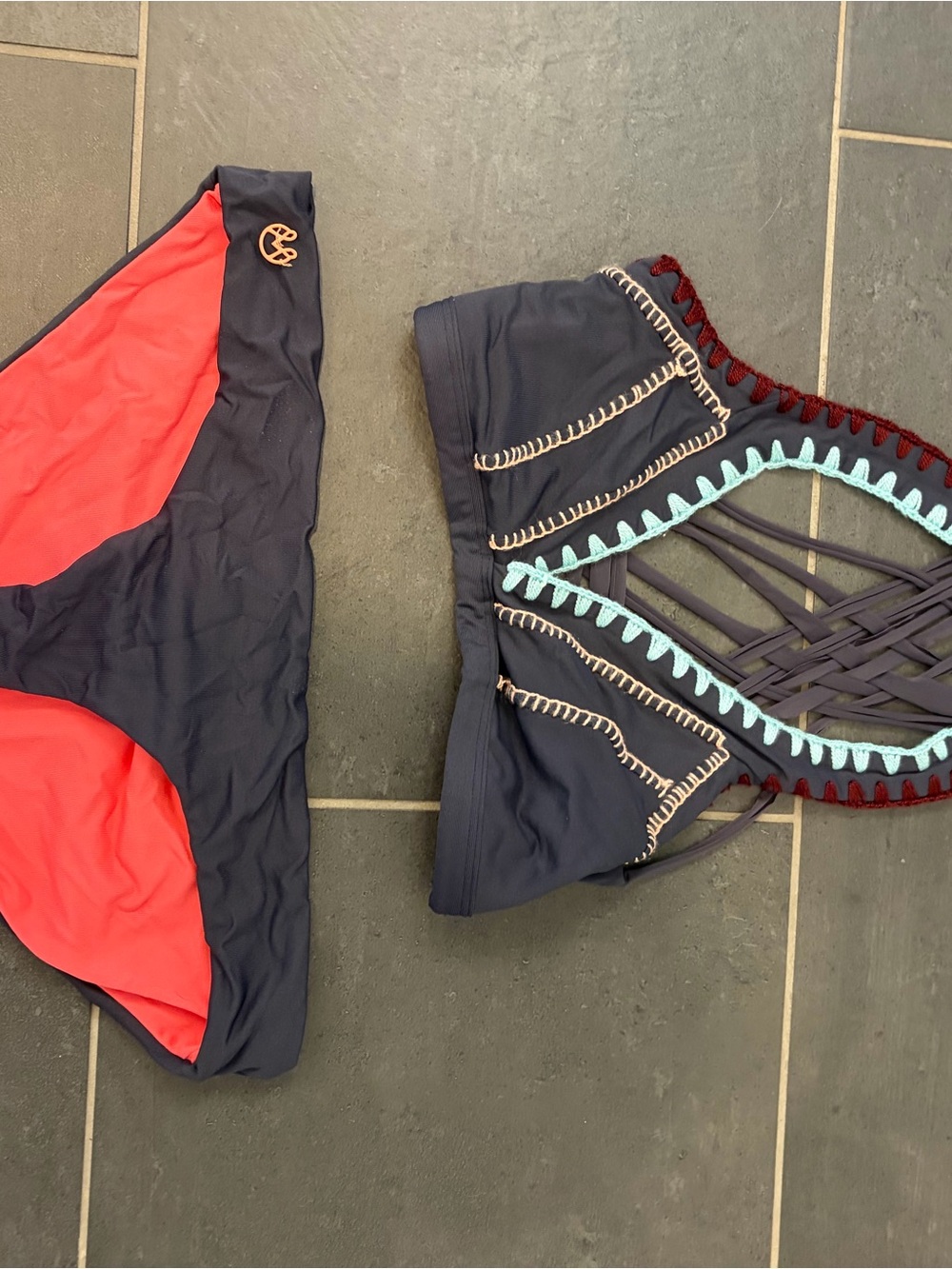 OP Two-Piece Swim Set in Navy, Coral & Aqua Crochet